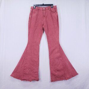 WISTERIA LANE Bell Bottom Flare Pants Large Coral Mid Rise Boho Fringe Raw Hem